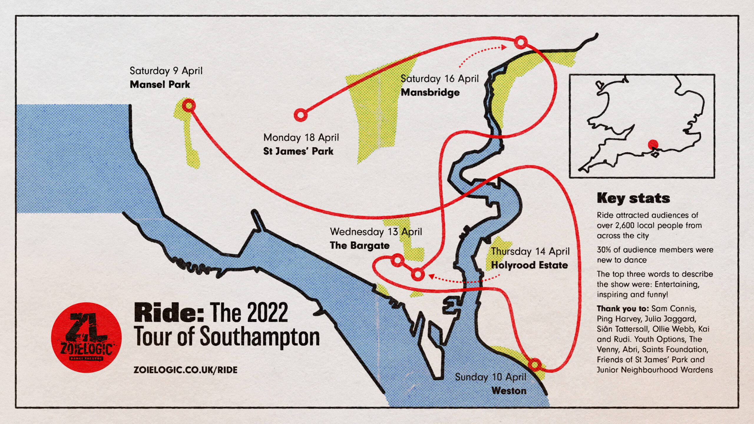 This image depicts a map of Southampton and the route that ZoieLogic Dance Theatre's outdoor show, Ride went on during its 2022 tour